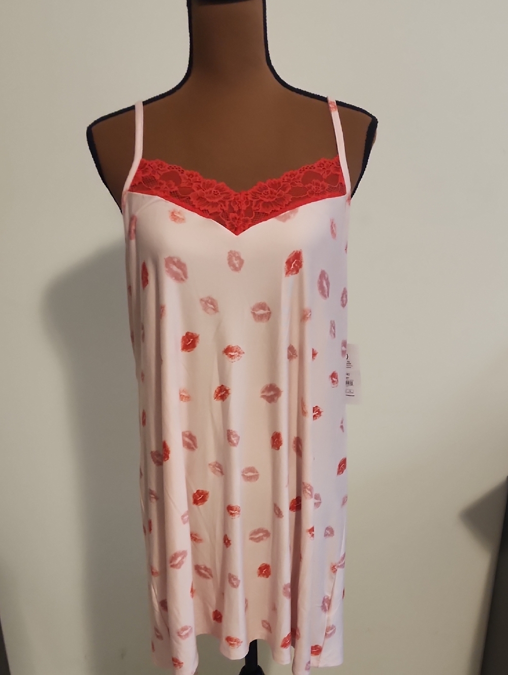 Pink Lip-Print Chemise with Red Lace Trim